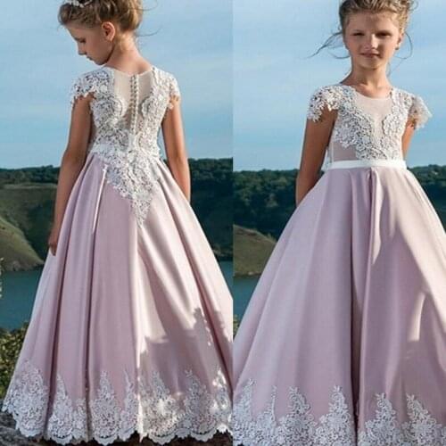 Pink Flower Girls Dresses for Weedding Lace Appliques Short sleeve Party Dresses Floor Length Pageant First Communion Dresses
