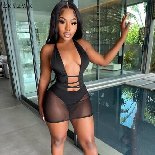 ZKYZWX Sexy Nightclub Black Mesh Sheer Dresses for Women 2021 Fashion Birthday Outfits See Through Halter Backless Mini Dress
