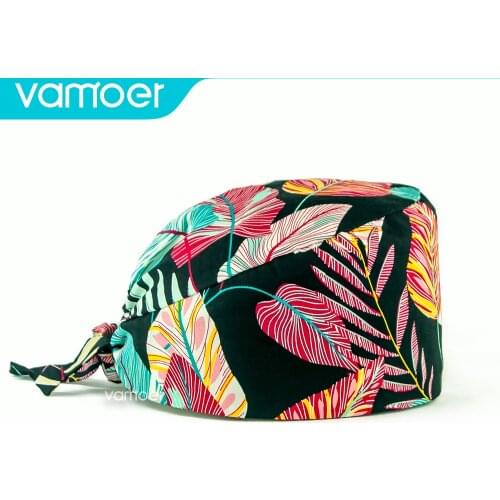 Fashion flowers printing Scrub Cap Cotton with Sweatband Men and Women Nursing Work Hat laboratory Pet salon Scrub Hats dust cap