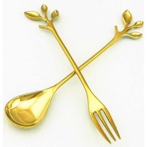 Stereo Leaf Petiole Mirror silvery golden Tableware Coffee Spoon Finger Fruit Fork Dessert Spoon dessert spoon 120mm*21mm*5mm
