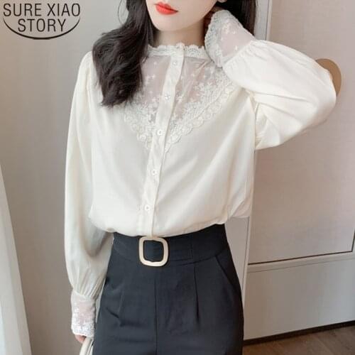 Women Loose Lantern Long Sleeve Solid Autumn 2021 New Lace Chiffon Blouses and Shirts Hollow Out Mesh Button Cardigan Tops 10900