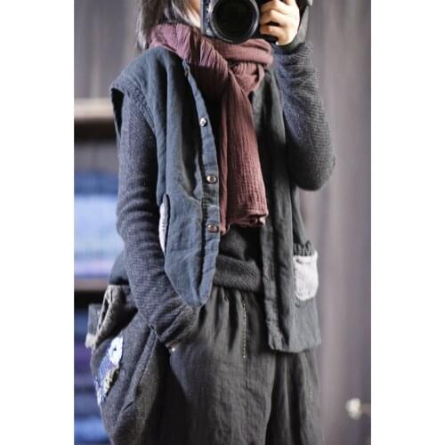 Women Loose Cotton Linen Patchwork Vest Waistcoat Outerwear Female Spliced Vintage Sleeveless Tops Padded Vests