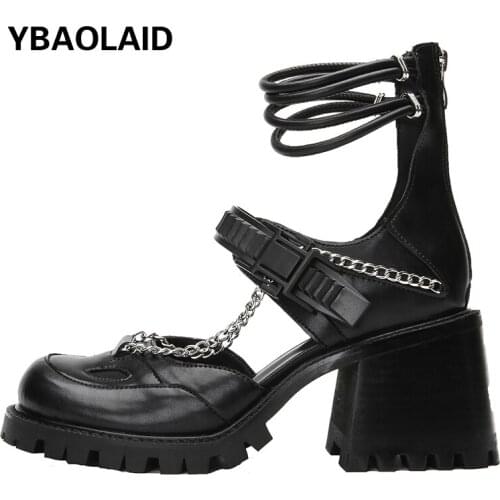 Baotou Metal Chain Hollow Thick Heel Womens Sandals Summer New Waterproof Platform Buckle Back Zipper High-top Sandals