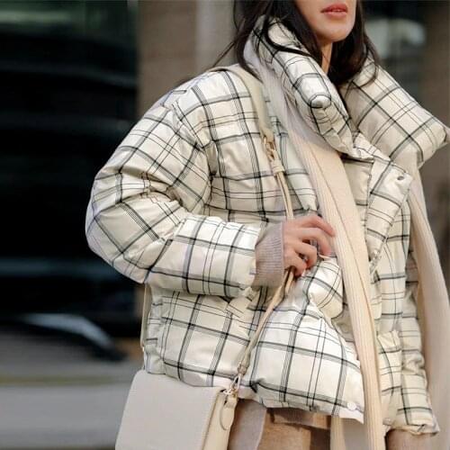 Women causal white plaid autumn winter women parkas turtleneck long sleeve female warm coat high street fashion parkas 2020