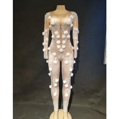 Womens White Flowers Printed Jumpsuit Rhinestones Pearls Bodysuit Nightclub Female Singer Stage Wear Birthday Celebrate Outfit