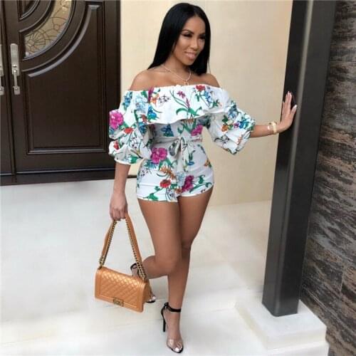 Print off shoulder women playsuits summer sexy floral printed casual street outfit sashes short jumpsuit romper bodycon playsuit