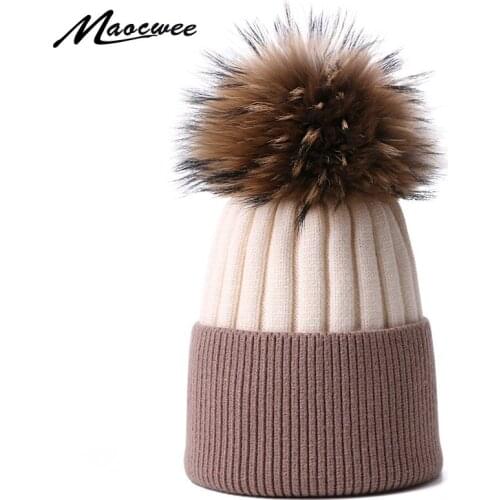 Winter Real Raccoon Fur Pom Pom Beanie Hat For Adults and Children Solid Color Patchwork Caps Knitted Warm Hat Women Men Bonnet