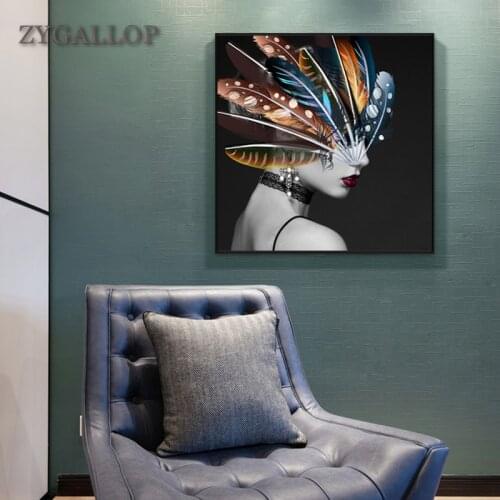 ZYGALLOP Sexy Colored Feathers Woman Canvas Painting Art Print Poster Pictures Modern Living Room Decoration Abstract Wall Art