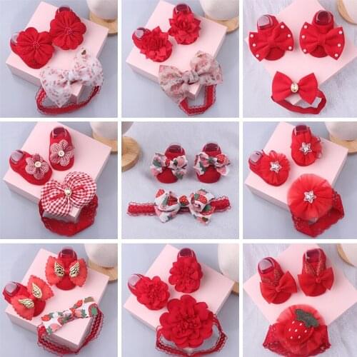 2pcs/set Baby Childrens Socks and Hair Band Set Newborn Baby Short Socks Baby Elastic Headband Newborn Red Bow Gift