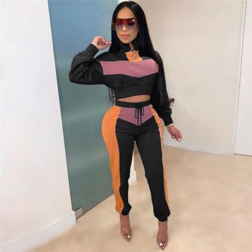 2020 Fashion Autumn Two Piece Set Women Zipper Turtleneck Long Sleeve Sweatshirts Crop Top +Sweatpants Sets Casual Tracksuits