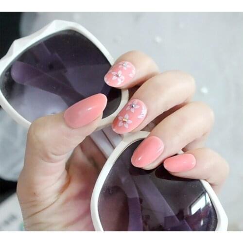 24pcs/set Pink Plastic False Nails Wearing Waterproof Press On Nails Oval Short Nail Extension Flower Decoration Nail Design