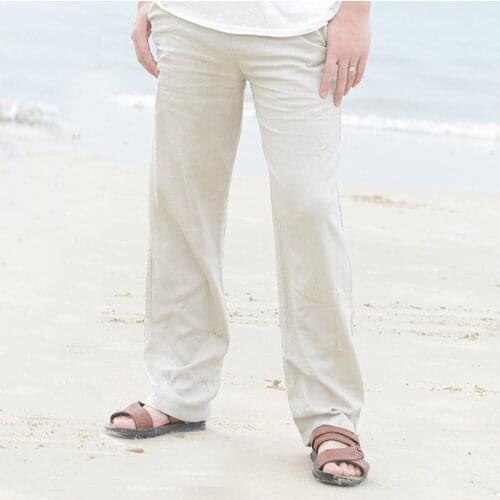 Plus Size M-3XL Mens Casual Cotton Linen Pants Summer Straight Elastic Waist Trousers Beach Style Male Full Fashion Pants