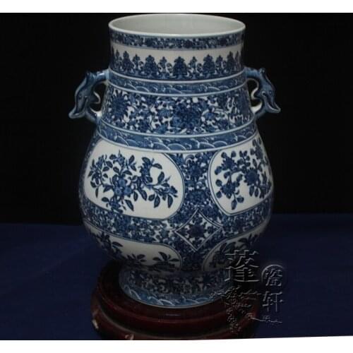 Jingdezhen ceramic vase ornaments hand-painted antique blue three high-grade celebrity figure Tan Fu ears cylinder