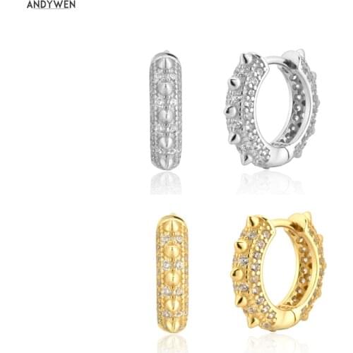ANDYWEN 100% 925 Sterling Silver Gold Spark Huggies Hoops 8mm Circle Luxury Women Fashion Jewelry For Rock Punk Wedding Gift