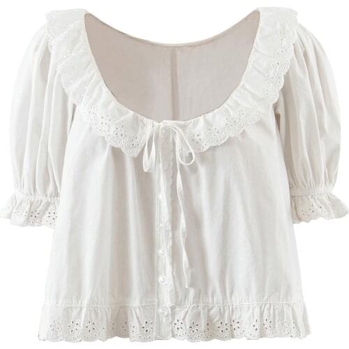 JC · KILIG 2021 Loose Casual Doll Shirt White Thin Aging Bubble Sleeve Sweet U-Neck Foreign Style Short Shirt top L9816