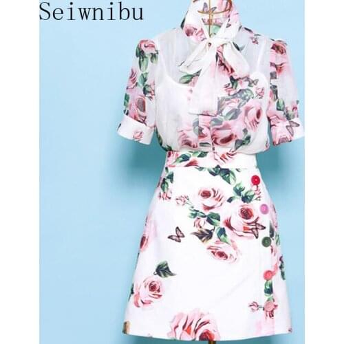 HIGH QUALITY Women rose print Shirt+High waist Skirts Suits Bowknot Tops Vintage Floral Skirt Sets Elegant Two Piece Set