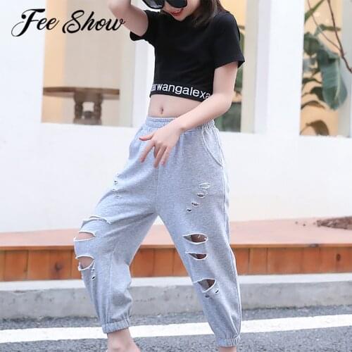 Summer Girls Outfits Hip Hop Street Jazz Dance Costumes Kids Short Sleeves Dance Crop Top + Ripped Pants Children Tracksuit Sets