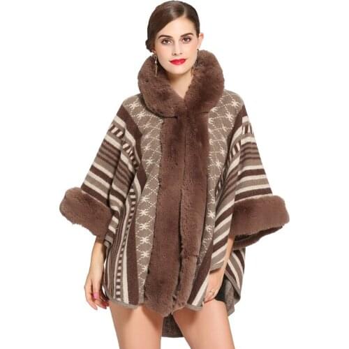 Fashion Imitation Rabbit Fur Collar Hooded Knitted Cape Femme Autumn Winter Grey Big Cloak Luxury Brand Shawl Poncho Outwear