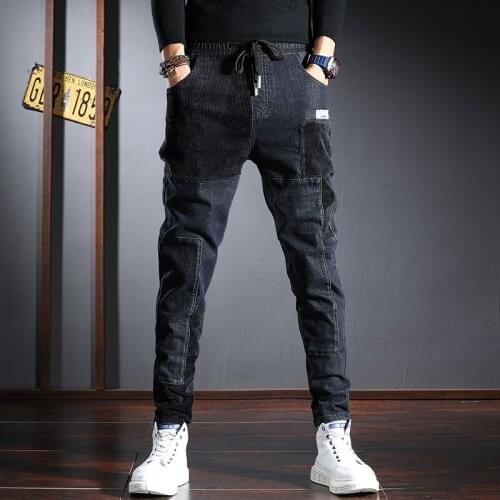 Corduroy Jeans Men 2021 Fashion Patchwork Denim Pants Korean Style Elastic Waist Regular Fit Trousers