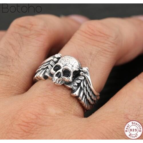 2020 Punk Hiphop Skull Angel wings Initial Adjustable LOVE Ring 100% 925 Sterling Silver colour Jewelry Men vintage Opening Ring