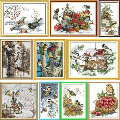 Stamped Cross Stitch Kit Embroidery Needlework The Birds The In Snow Print 11CT 14CT Counted Patterns Crafts Home Decoration Set