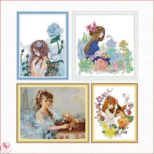 Girls And Animals Or Flowers Cross Stitch Kit 14ct 11ct Printed Fabric Embroidery Kit DIY Handmade Needlework Home Decoration