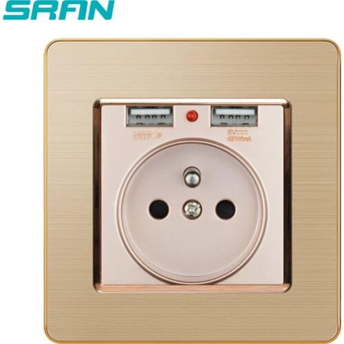 SRAN France plug wall power socket with USB stainless steel panel 86mm*86mm gold/white/black