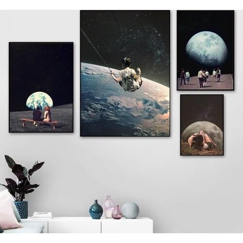 Night Sky Art Prints Earth Canvas Posters Surrealism Galaxy Space Moon Canvas Painting Scandinavia Cosmic Wall Pictures Sci-Fi