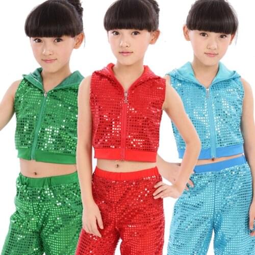 New Sequined Jazz Dance Hip hop Costumes Stage Performance Clothing Boys and Girls Holiday Show Children Stage Wear Tank +Pant