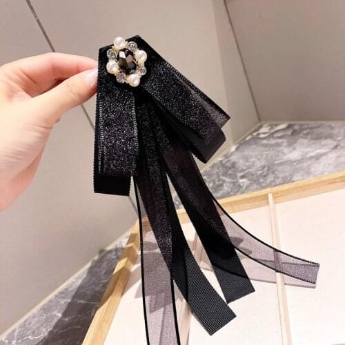 New Style Bow Tie Korean Mesh Lace Retro Crystal Pearl Brooch Collar Flower Fashion Womens Accessories Long Bowtie