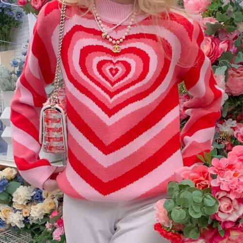 Y2K Pink Heart Sweater Rainbow Pullover Warm Sweater for Winter