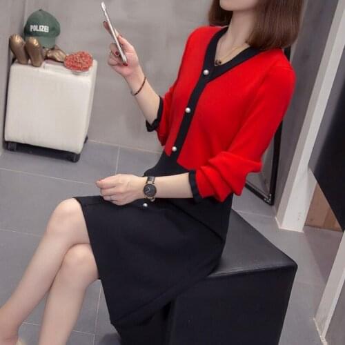 V-Neck Autumn Dress Female 2020 New Plus Size Womens Clothing Fashion Slim Sweater Winter Long Patchwork Knit Shirt Robes y817