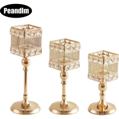 PEANDIM Wedding Centerpieces Candelabra Party Decorations K9 Crystal Candlestick Shiny Gold Square Candle Holders For Home Decor