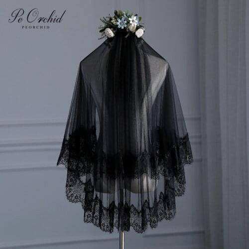 PEORCHID Two Layers Short Black Wedding Veils Lace Edge Applique Halloween Veil Elbow Length Bridal Veils With Comb In Stock
