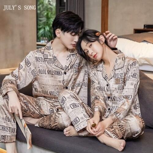 JULYS SONG Two Pieces Pajamas Set Women Faux Silk Jacquard Lattice Sleepwear Long-Sleeved Elegant Loose Thin Suit Words Printed