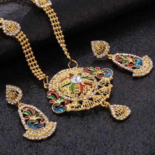 Golden Plated Jewelry Sets Austrian Crystal Jewelry Set Colorful Rhinestone Gem Beaded Women Pendant Chocker Earrings Sets