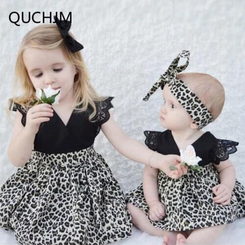 Family Match Baby Girls Kids Leopard grain dress sleeve Romper Dress daughter and kids Baby clothes girls Dresses+Headband 2pcs