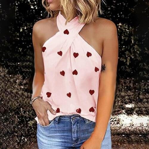 Womens Top 2021 Ladies Sexy Halter Neck Shirts Female Casual Slim Back Zipper Summer Print Clothing Sleeveless Stitching Blouse
