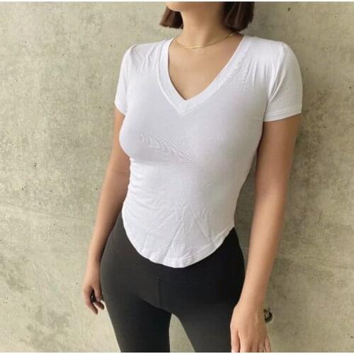 TVVOVVIN Women V Neck Active T-shirt Curve Hem Activewear Short Sleeve Top korean sexy women tops tees ZIIW
