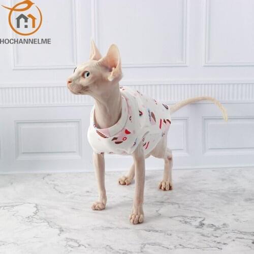 Spring Summer New Hairless Cat Clothes Sphinx Devon Kitten Clothes Cotton Breathable Anti-allergy Cartoon Printed Half Sleeve