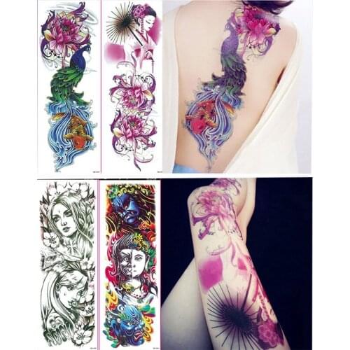 4 Piece Temporary Tattoo Sticker Beautiful peacock Full Flower Tattoo with Arm Body Art Big Large Fake Tattoo Sticker