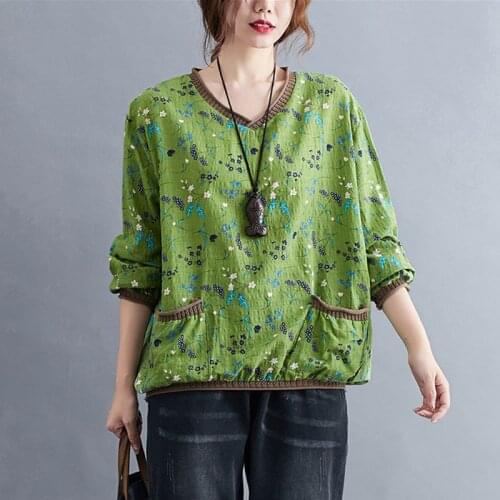 Women Cotton Linen Casual Blouses Shirts New 2020 Autumn Vintage Floral Print Loose Comfortable Ladies Long Sleeve Tops S2077