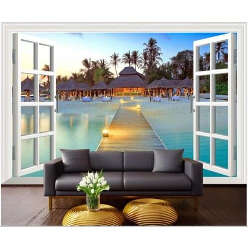 Custom mural 3d photo wallpaper Seaside wooden bridge wooden house beach scenery living room Home decor wallpaper for wall 3 d