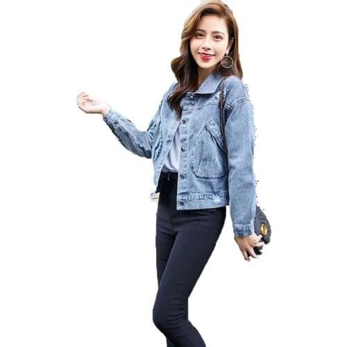 Female Denim Jacket Student Korean Loose Net Red Hole Embroidered Denim Coat 2021 Women Spring New Long Sleeve Denim Jacket A145