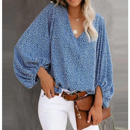 Women T Shirts 2021 Summer Floral Printed V-Neck Lantern Sleeve Tops Fashion Casual Loose Basic T-Shirt Female Clothing
