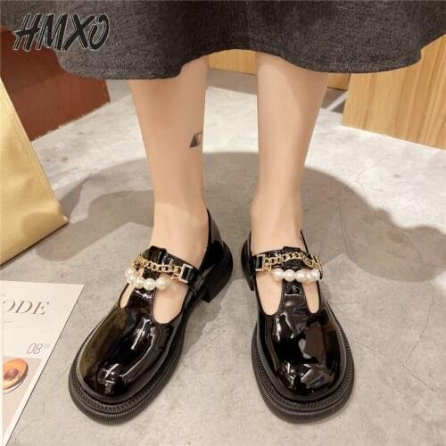 HMXO Slip-on Mary Jane Leather Shoes Womens British Flat Shoes French Retro Pearl Single Shoes Wild Thick-heeled Shoes Women