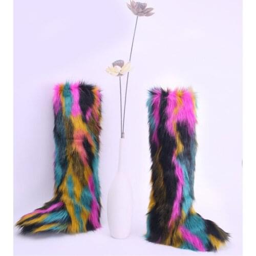 Womens Winter Furry Over Knee High Boots Ladies Fluffy Platform Faux Fur Snow Boots Feminina zapatos de mujer Big Size 36-43