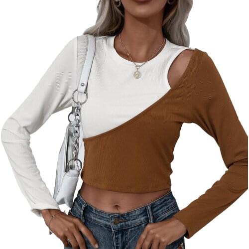 2021 Women Cutout Crop Tops Adults Slim-fit Color Block Long Sleeve Round Neck Pullover