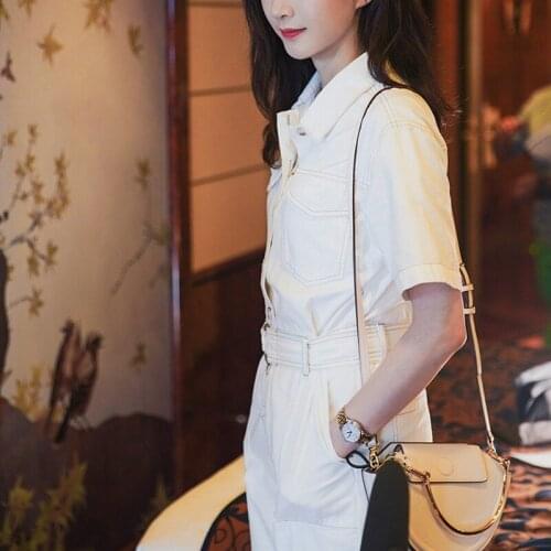 White Cargo Pants Jumpsuits High Waist Single Breasted Lapel Straight Rompers Quality Short Sleeve Women Jumpsuit With Sashes