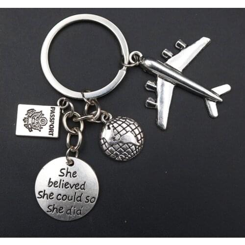 WKOUD 1pc Silver Plated She Believe He Could So he Did Charm Airplane & Passport & Map Keychain DIY Creative Couple Key Chain
